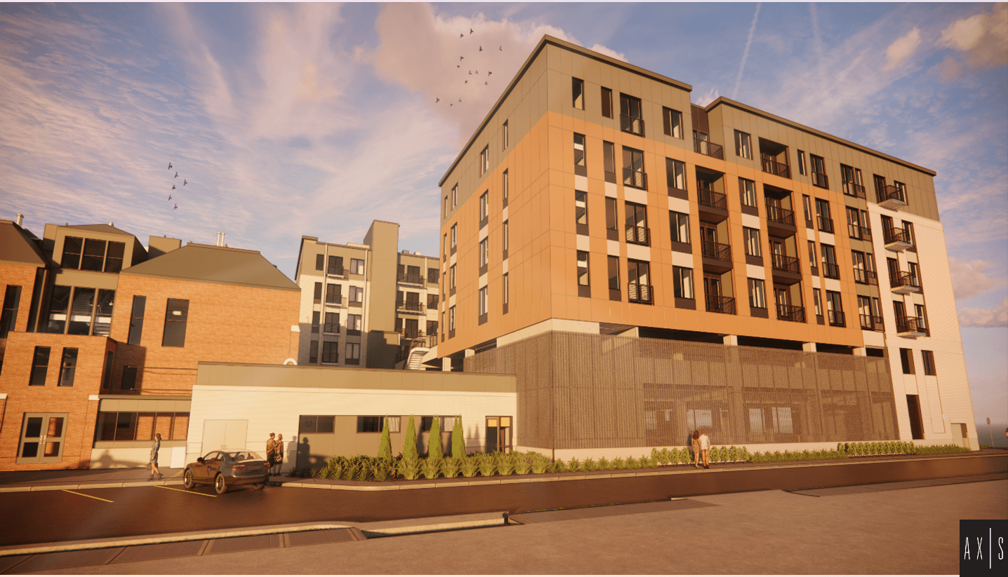 an architectural rendering of a building in a parking lot